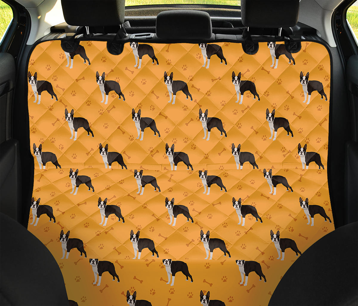 Yellow Boston Terrier Pattern Print Pet Car Back Seat Cover