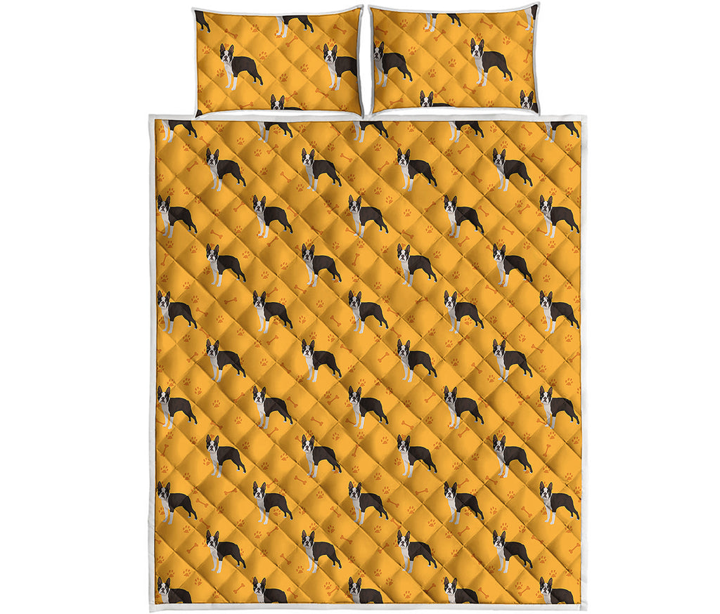 Yellow Boston Terrier Pattern Print Quilt Bed Set