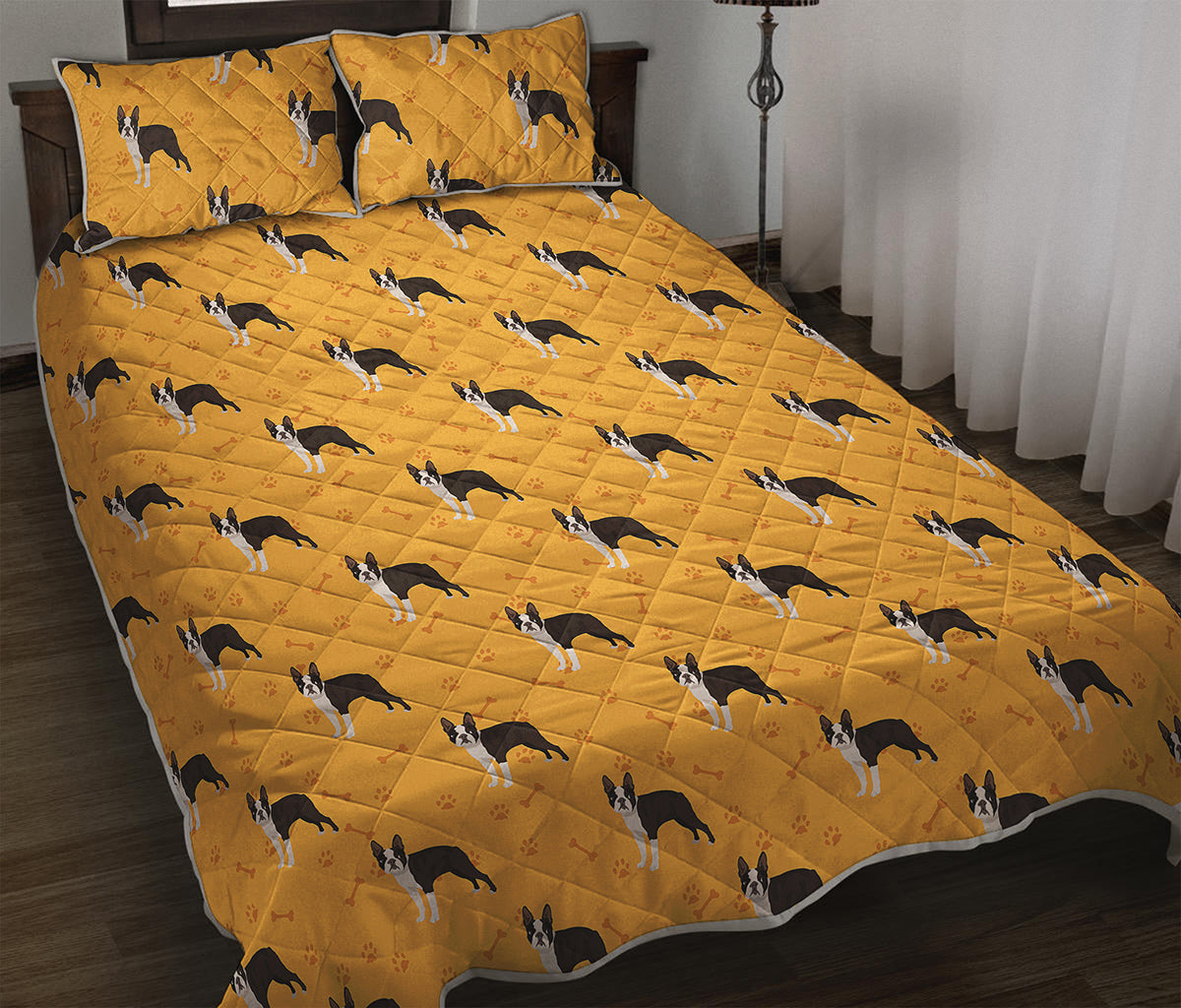 Yellow Boston Terrier Pattern Print Quilt Bed Set