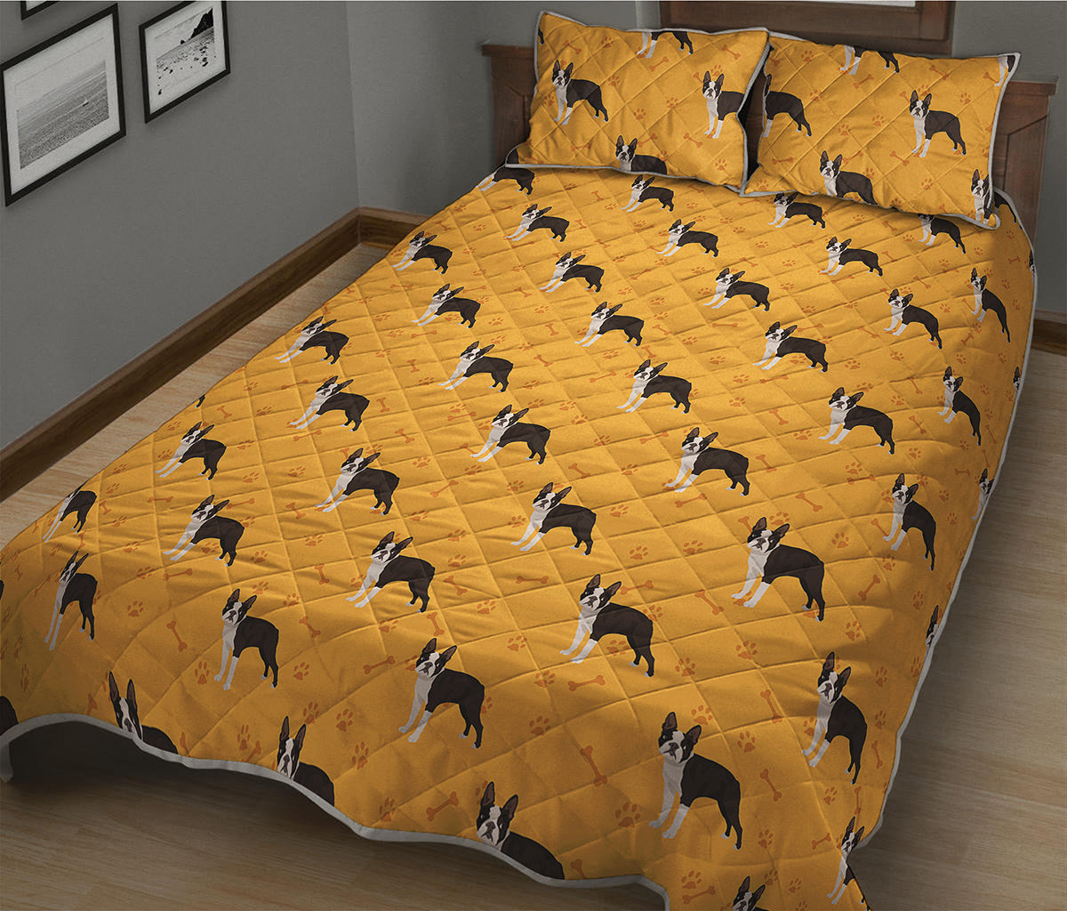 Yellow Boston Terrier Pattern Print Quilt Bed Set