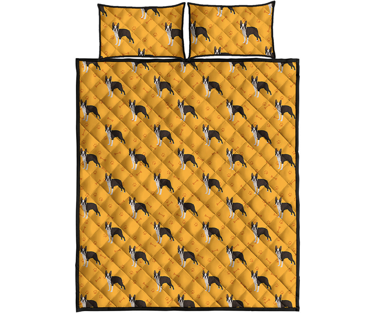 Yellow Boston Terrier Pattern Print Quilt Bed Set