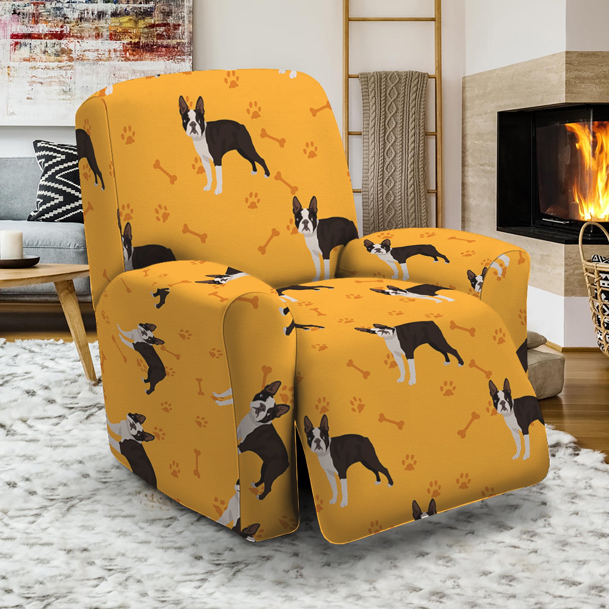 Yellow Boston Terrier Pattern Print Recliner Slipcover