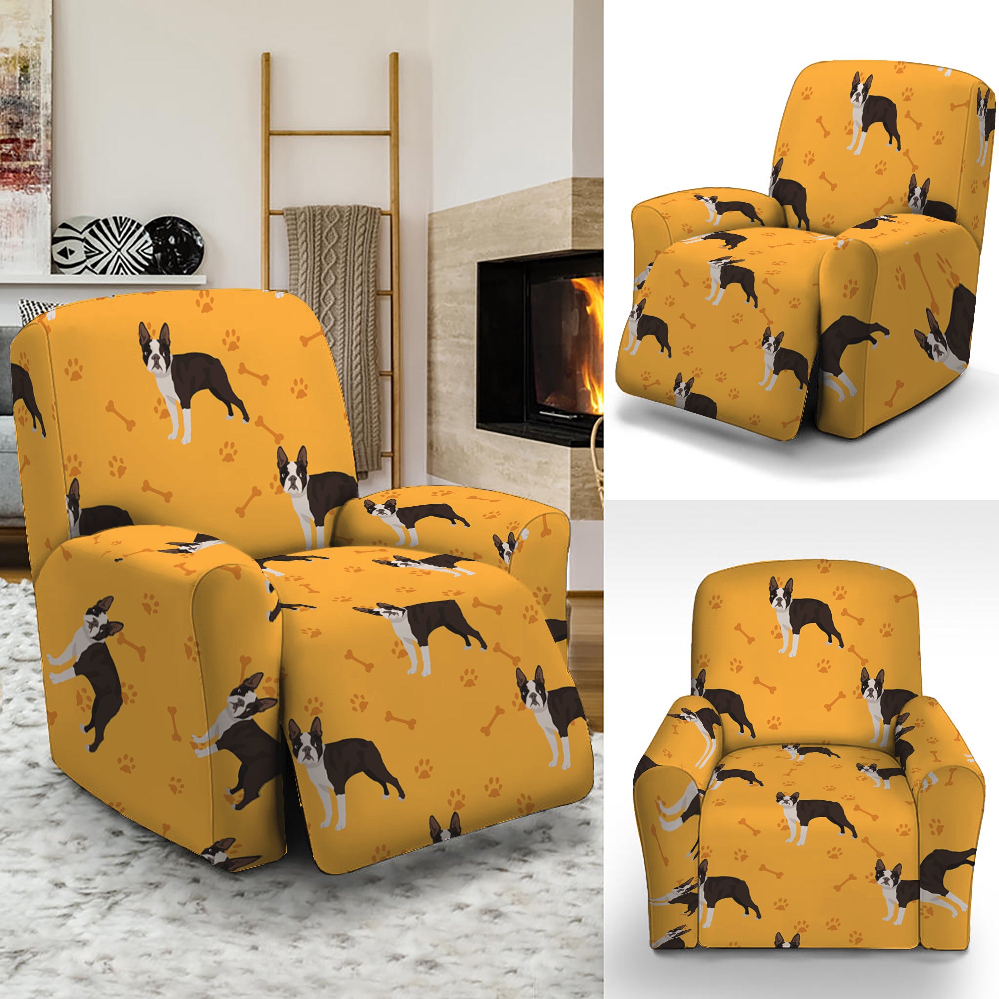 Yellow Boston Terrier Pattern Print Recliner Slipcover