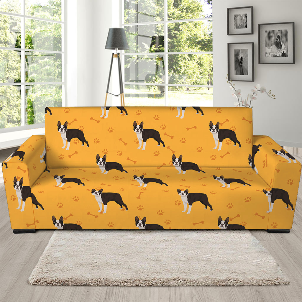 Yellow Boston Terrier Pattern Print Sofa Slipcover