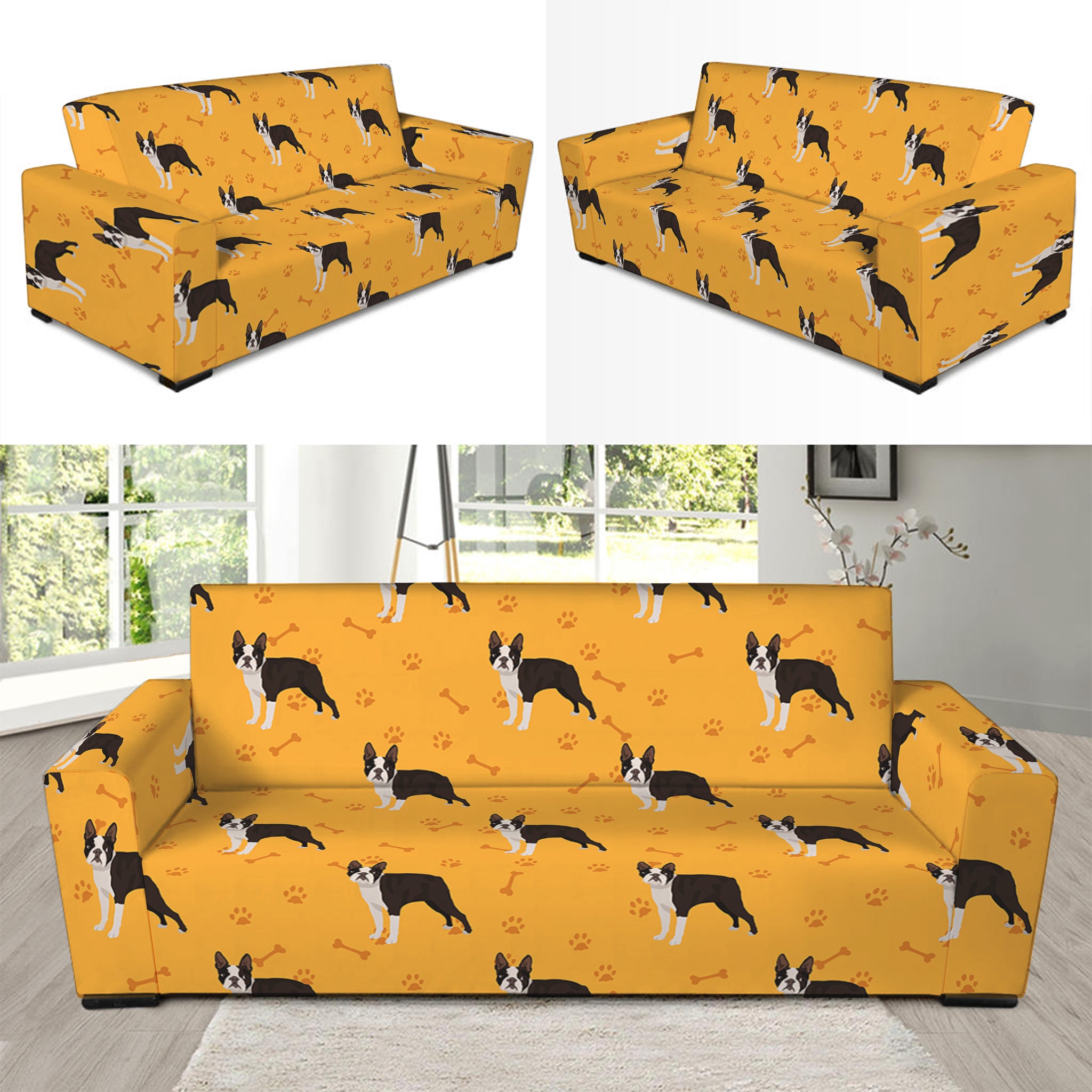 Yellow Boston Terrier Pattern Print Sofa Slipcover