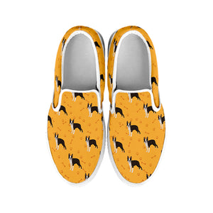 Yellow Boston Terrier Pattern Print White Slip On Shoes