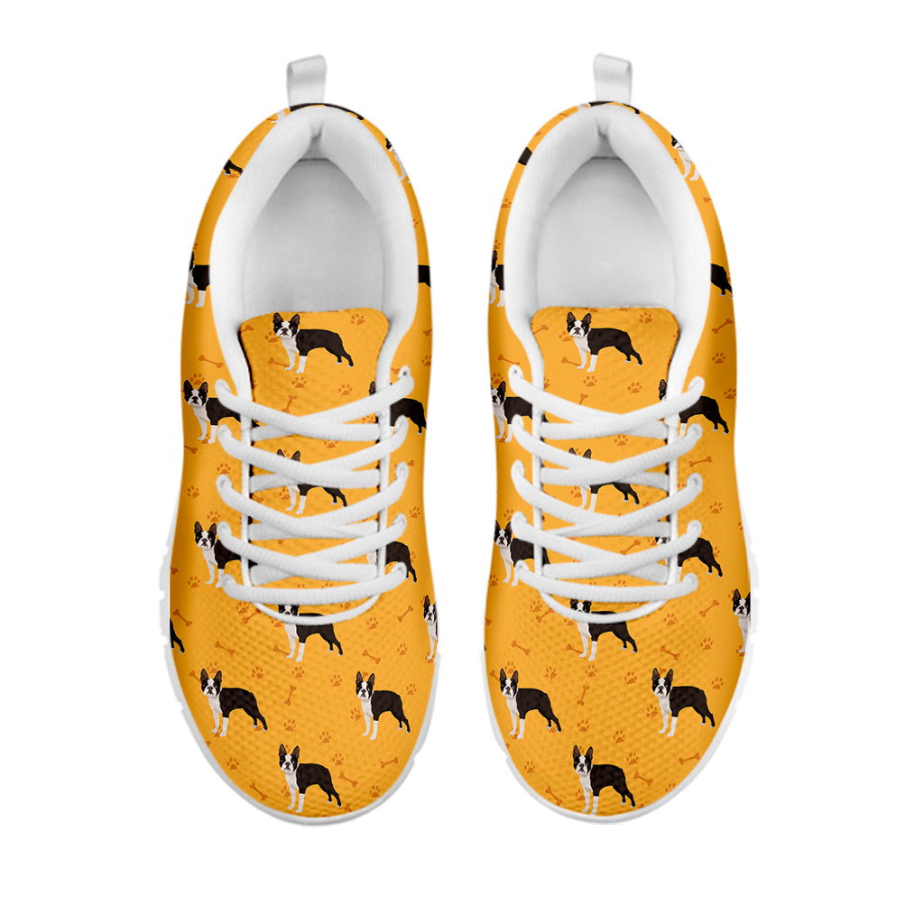 Yellow Boston Terrier Pattern Print White Sneakers