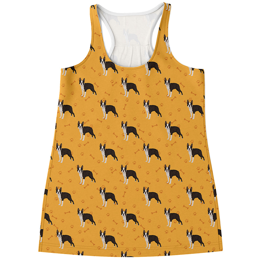 Yellow Boston Terrier Pattern Print Women's Racerback Tank Top