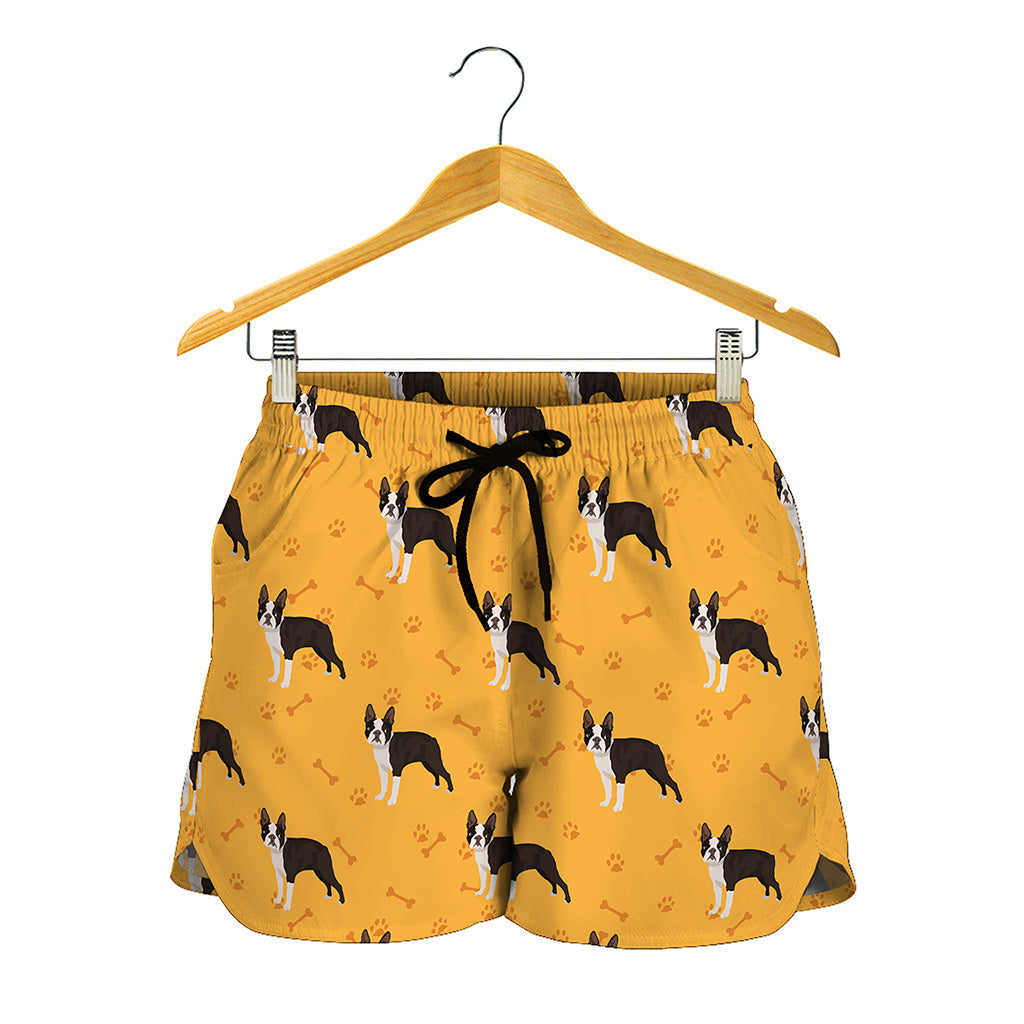 Yellow Boston Terrier Pattern Print Women's Shorts