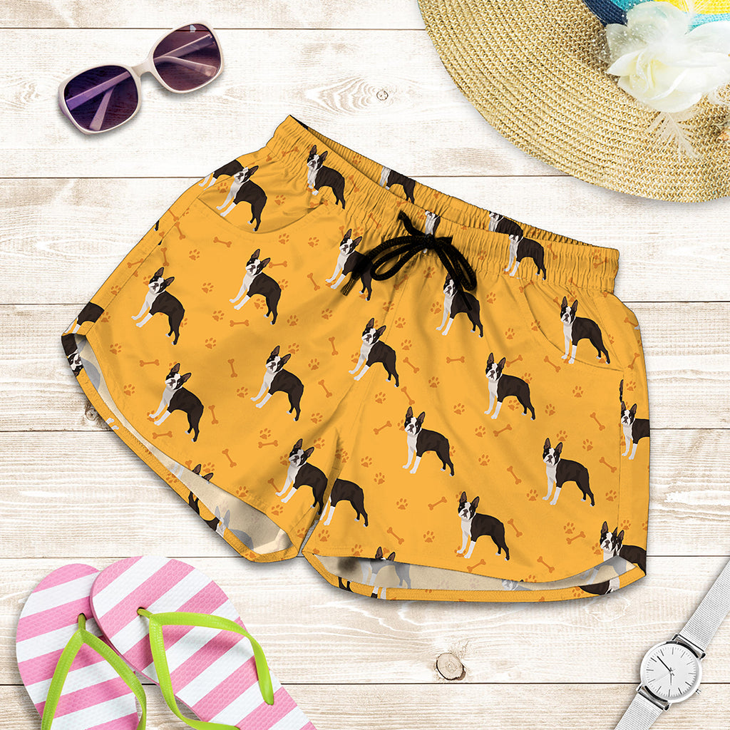 Yellow Boston Terrier Pattern Print Women's Shorts