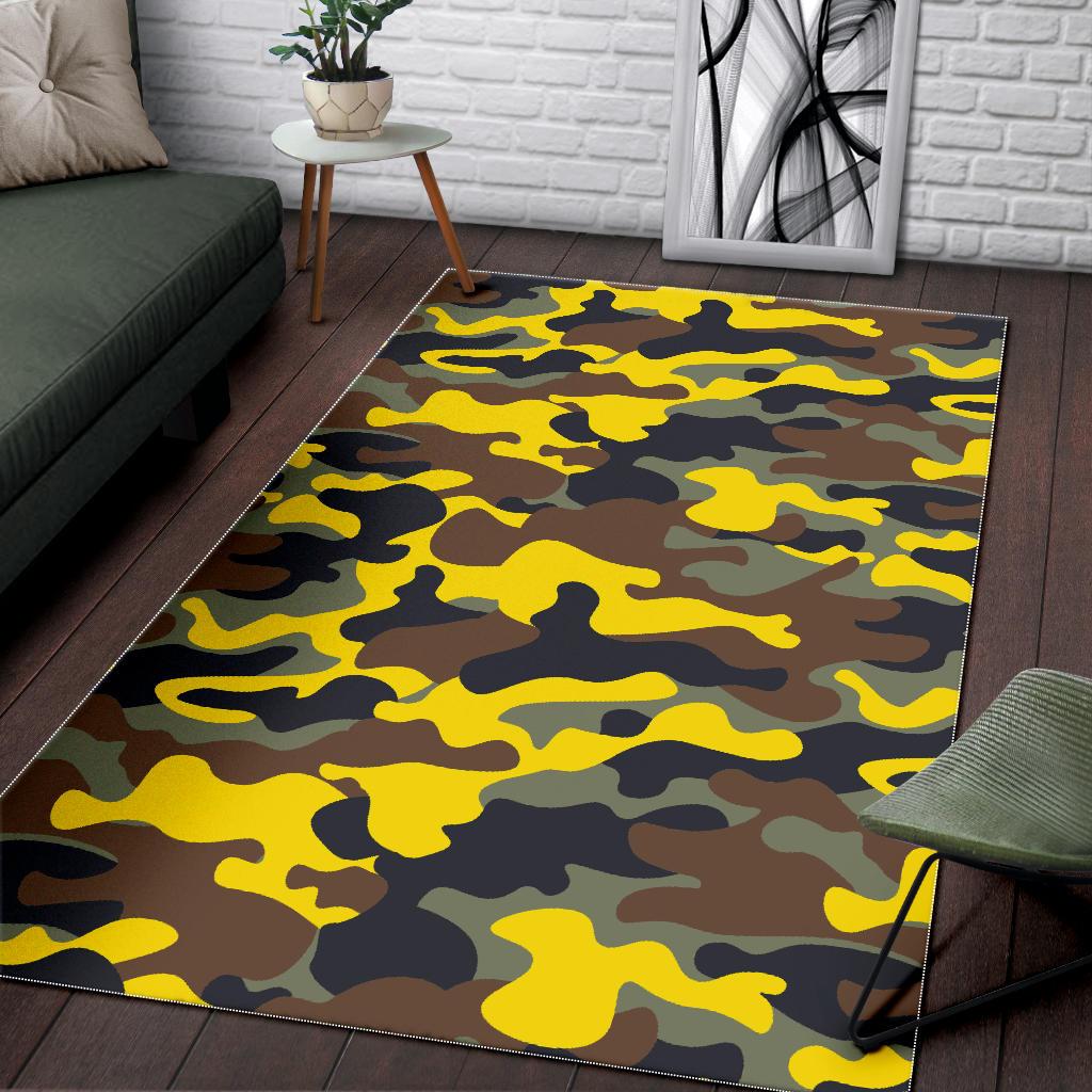 Yellow Brown And Black Camouflage Print Area Rug GearFrost