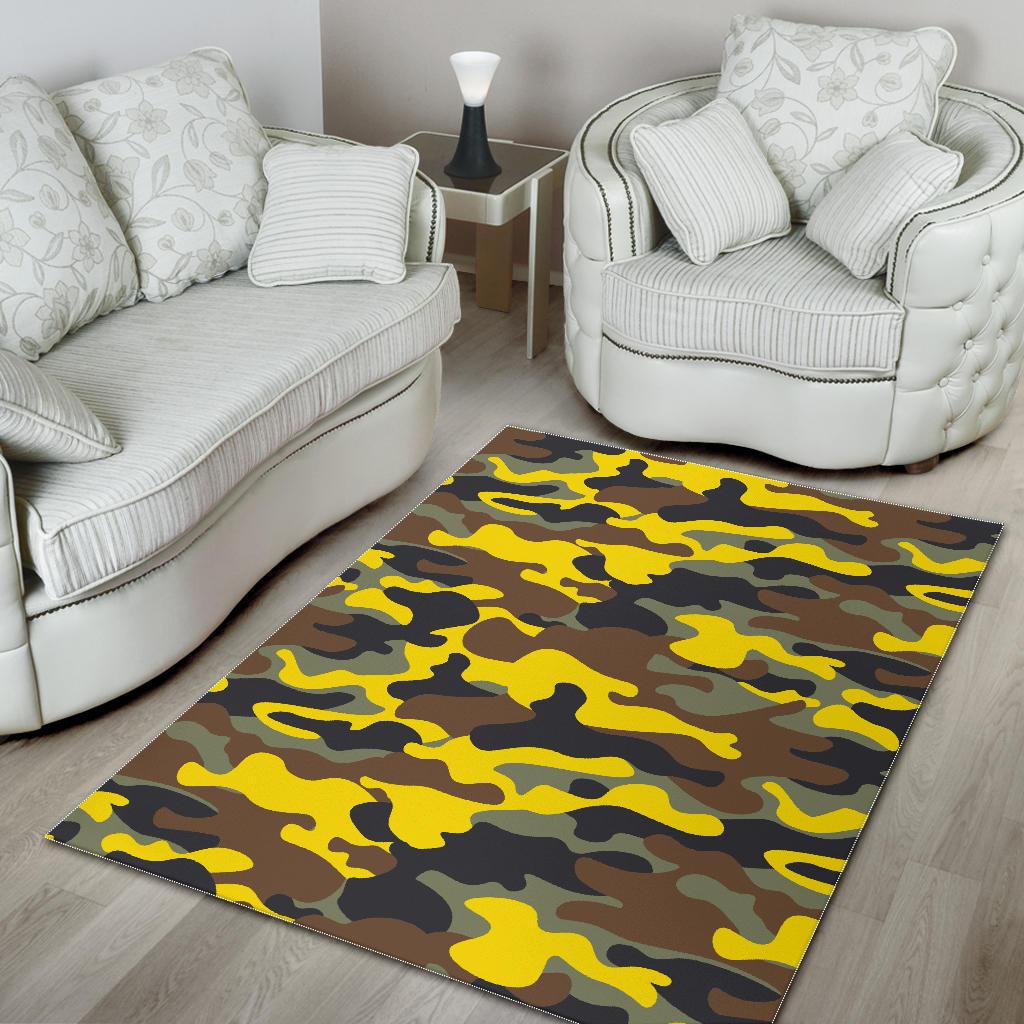 Yellow Brown And Black Camouflage Print Area Rug GearFrost