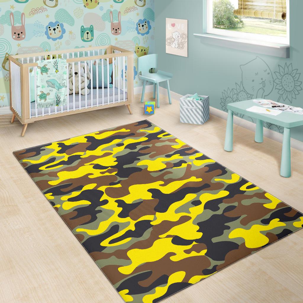 Yellow Brown And Black Camouflage Print Area Rug GearFrost
