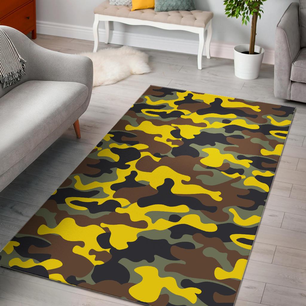 Yellow Brown And Black Camouflage Print Area Rug GearFrost
