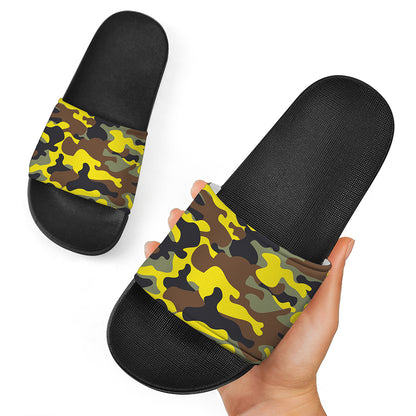 Yellow Brown And Black Camouflage Print Black Slide Sandals