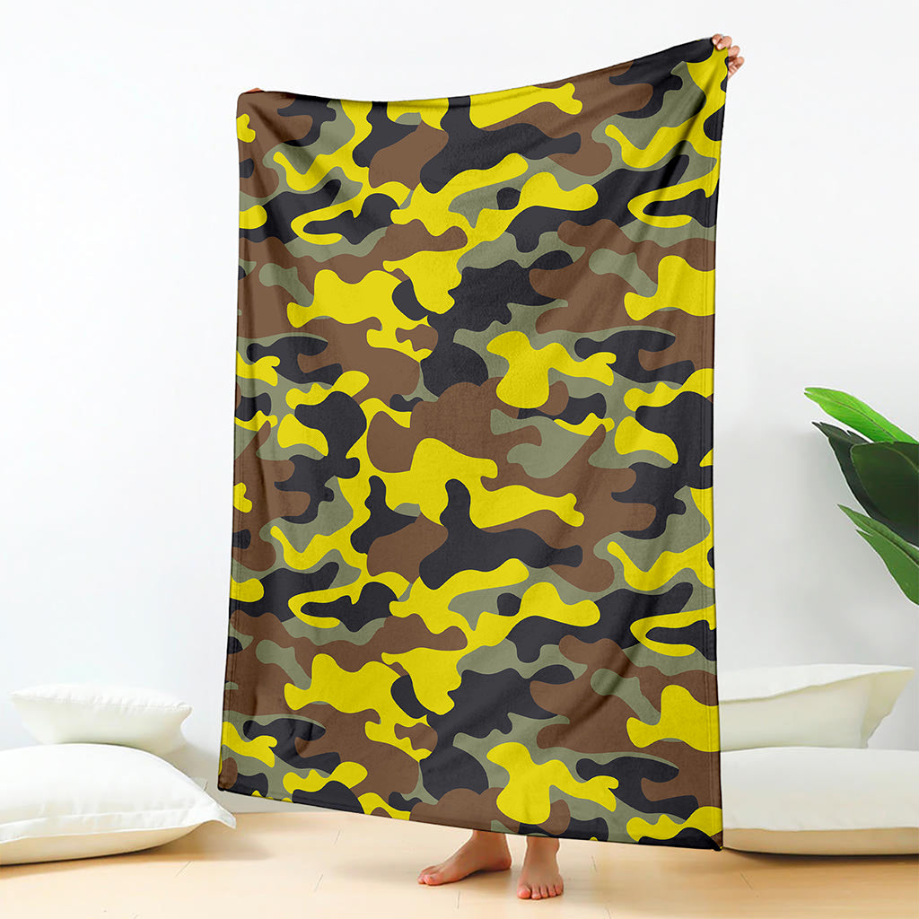 Yellow Brown And Black Camouflage Print Blanket