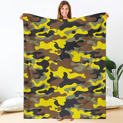 Yellow Brown And Black Camouflage Print Blanket