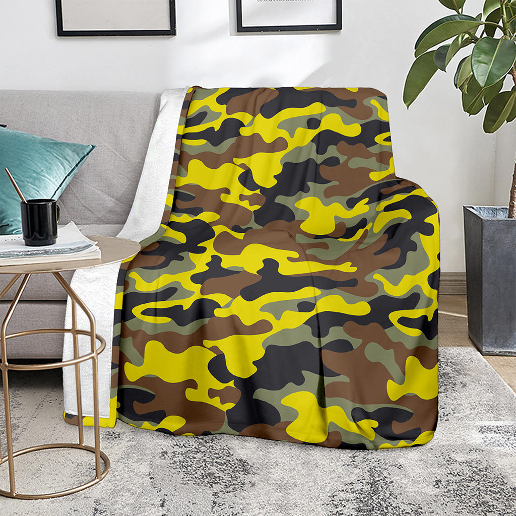 Yellow Brown And Black Camouflage Print Blanket