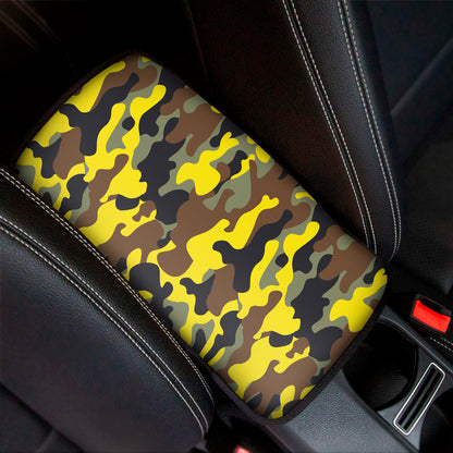 Yellow Brown And Black Camouflage Print Car Center Console Cover