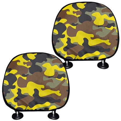Yellow Brown And Black Camouflage Print Car Headrest Covers