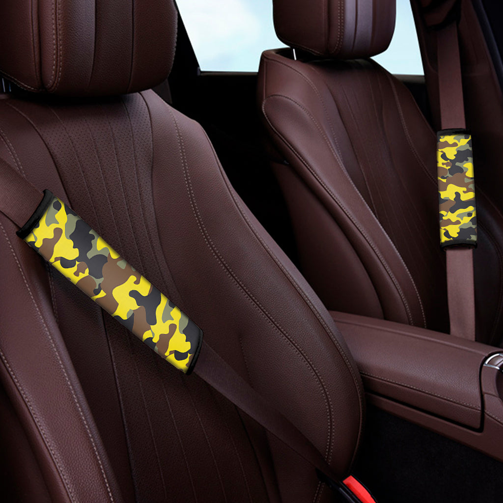 Yellow Brown And Black Camouflage Print Car Seat Belt Covers