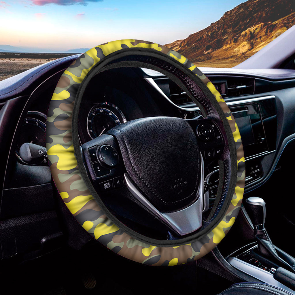 Yellow Brown And Black Camouflage Print Car Steering Wheel Cover
