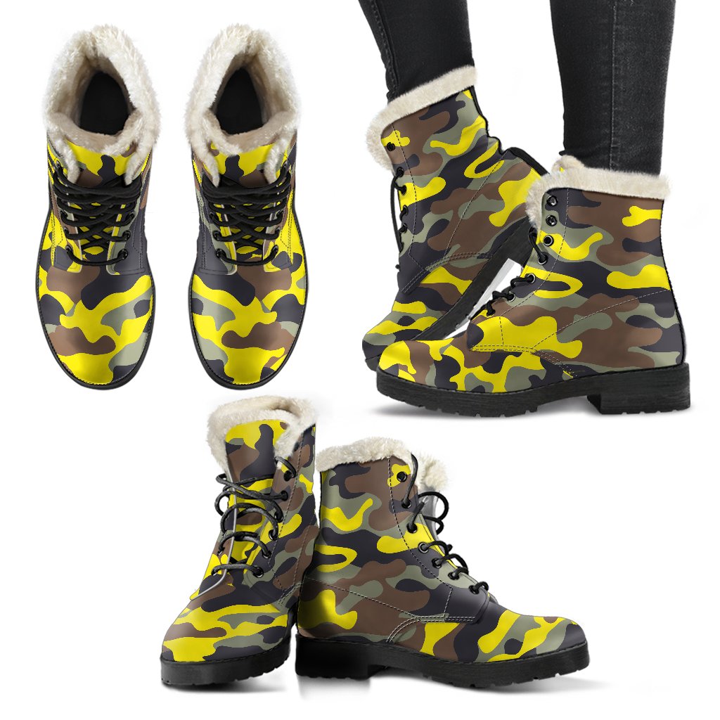 Yellow Brown And Black Camouflage Print Comfy Boots GearFrost