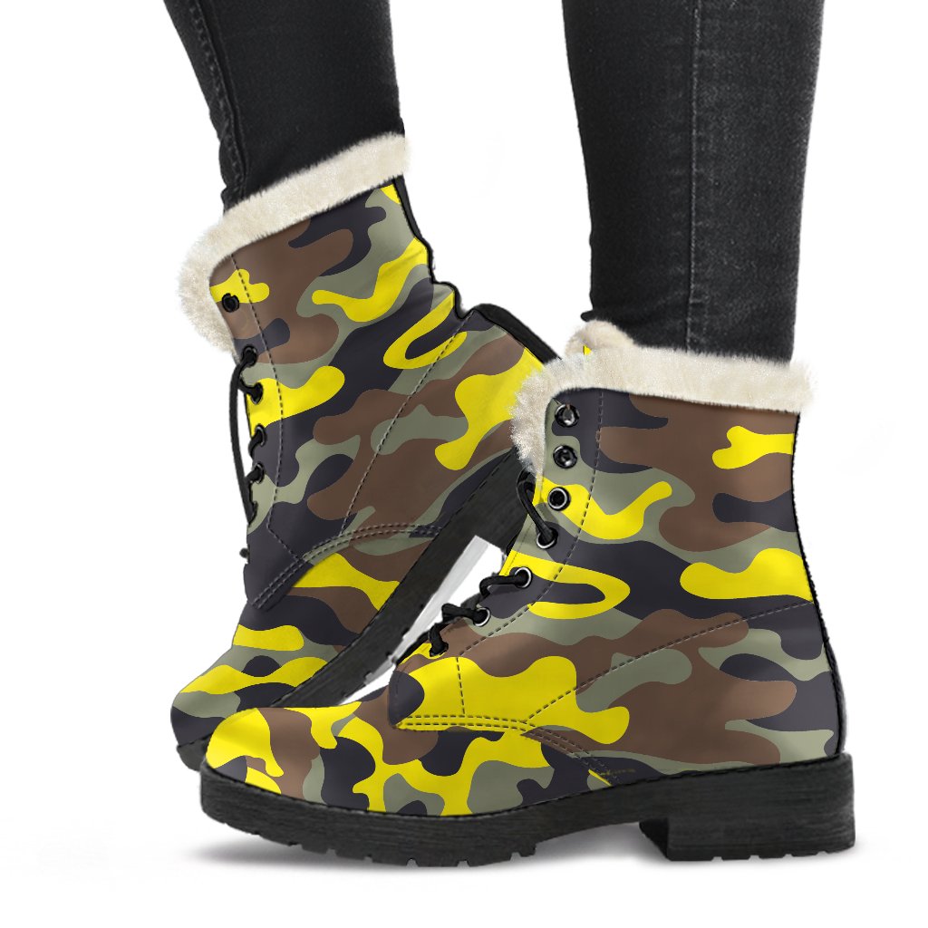 Yellow Brown And Black Camouflage Print Comfy Boots GearFrost