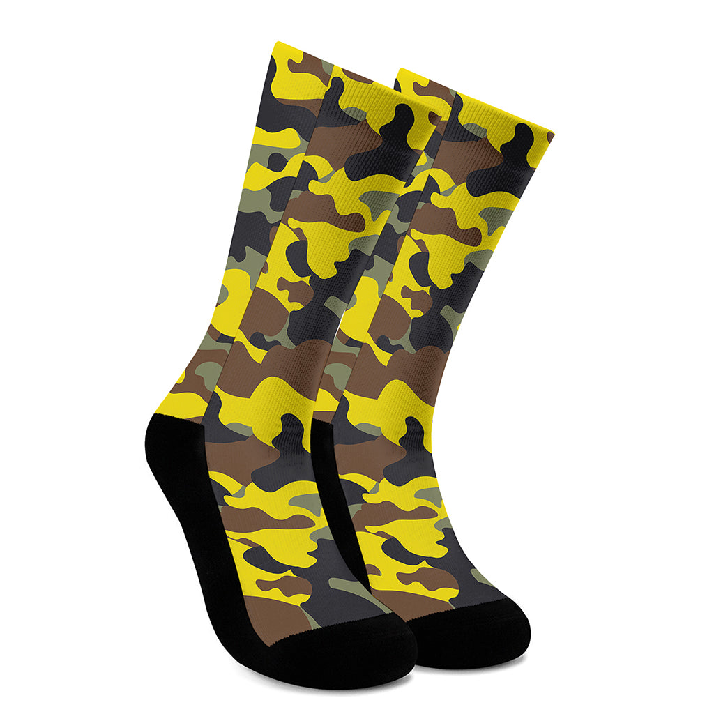 Yellow Brown And Black Camouflage Print Crew Socks