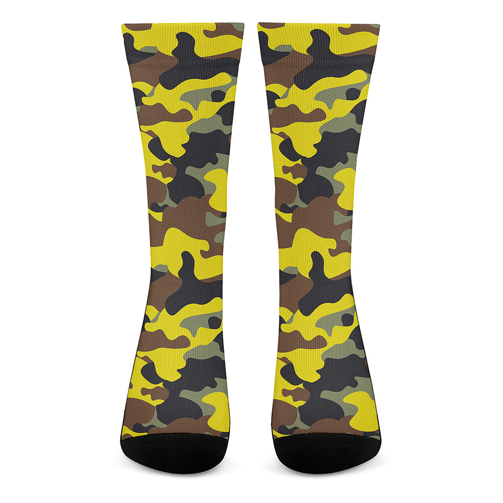 Yellow Brown And Black Camouflage Print Crew Socks