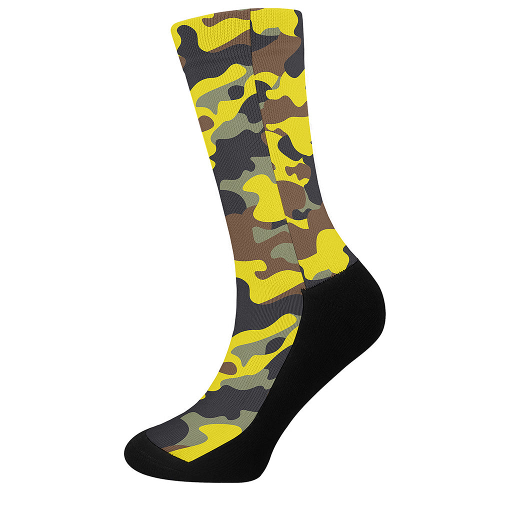 Yellow Brown And Black Camouflage Print Crew Socks