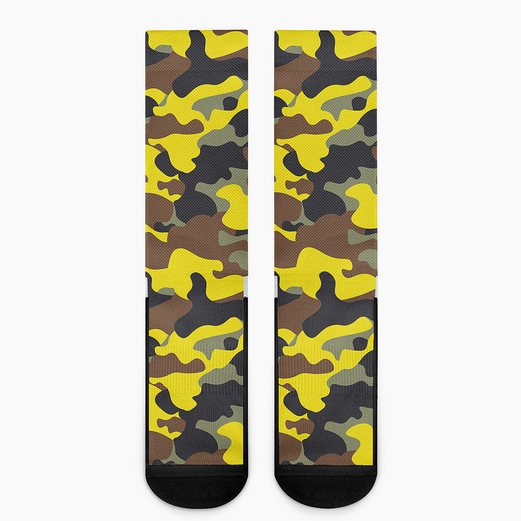 Yellow Brown And Black Camouflage Print Crew Socks