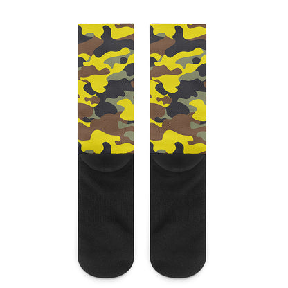 Yellow Brown And Black Camouflage Print Crew Socks