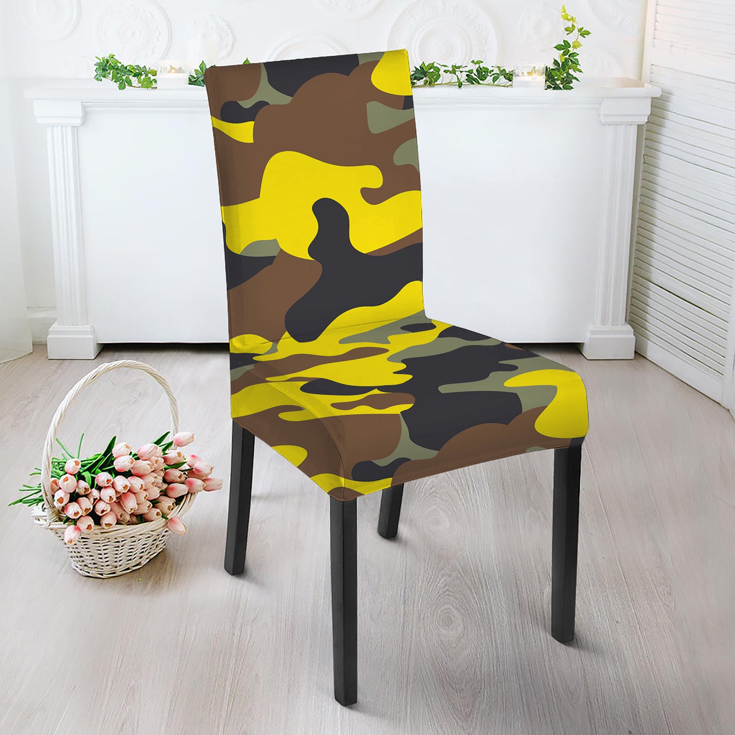 Yellow Brown And Black Camouflage Print Dining Chair Slipcover
