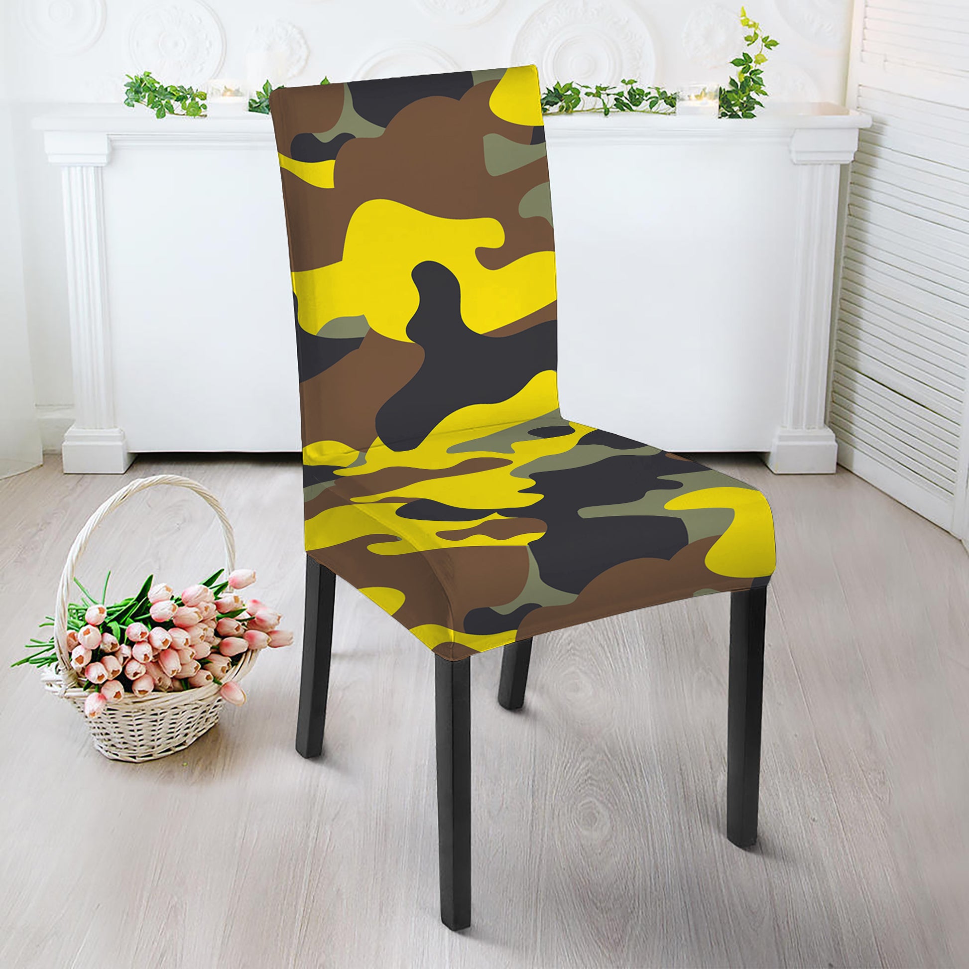 Yellow Brown And Black Camouflage Print Dining Chair Slipcover