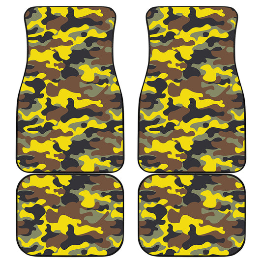 Yellow Brown And Black Camouflage Print Front and Back Car Floor Mats