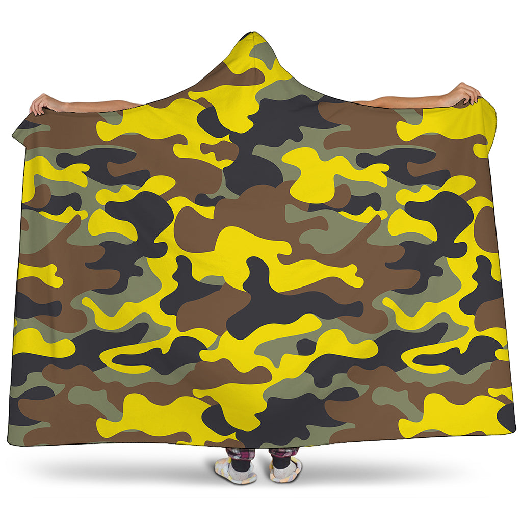 Yellow Brown And Black Camouflage Print Hooded Blanket