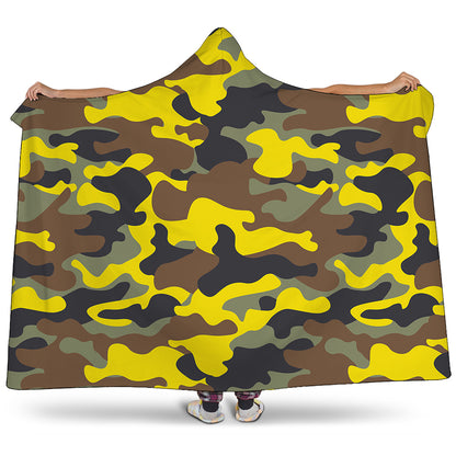 Yellow Brown And Black Camouflage Print Hooded Blanket