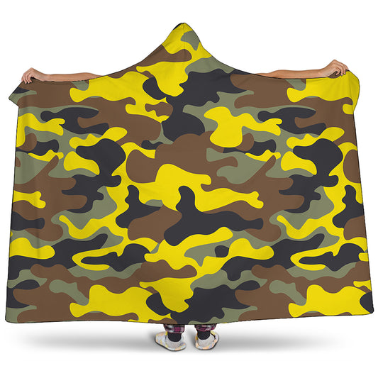Yellow Brown And Black Camouflage Print Hooded Blanket