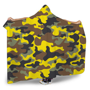 Yellow Brown And Black Camouflage Print Hooded Blanket