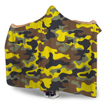 Yellow Brown And Black Camouflage Print Hooded Blanket