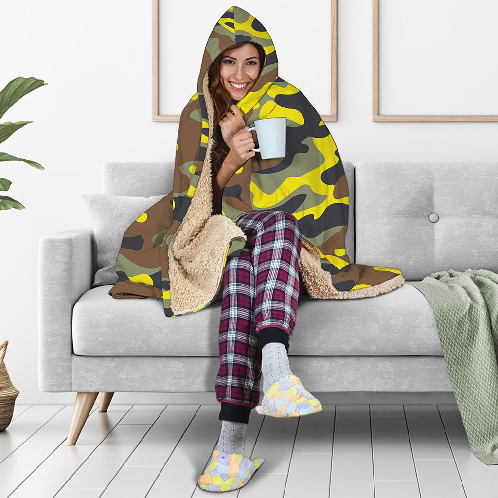 Yellow Brown And Black Camouflage Print Hooded Blanket