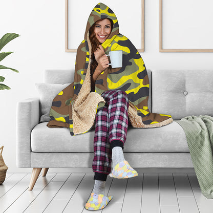 Yellow Brown And Black Camouflage Print Hooded Blanket