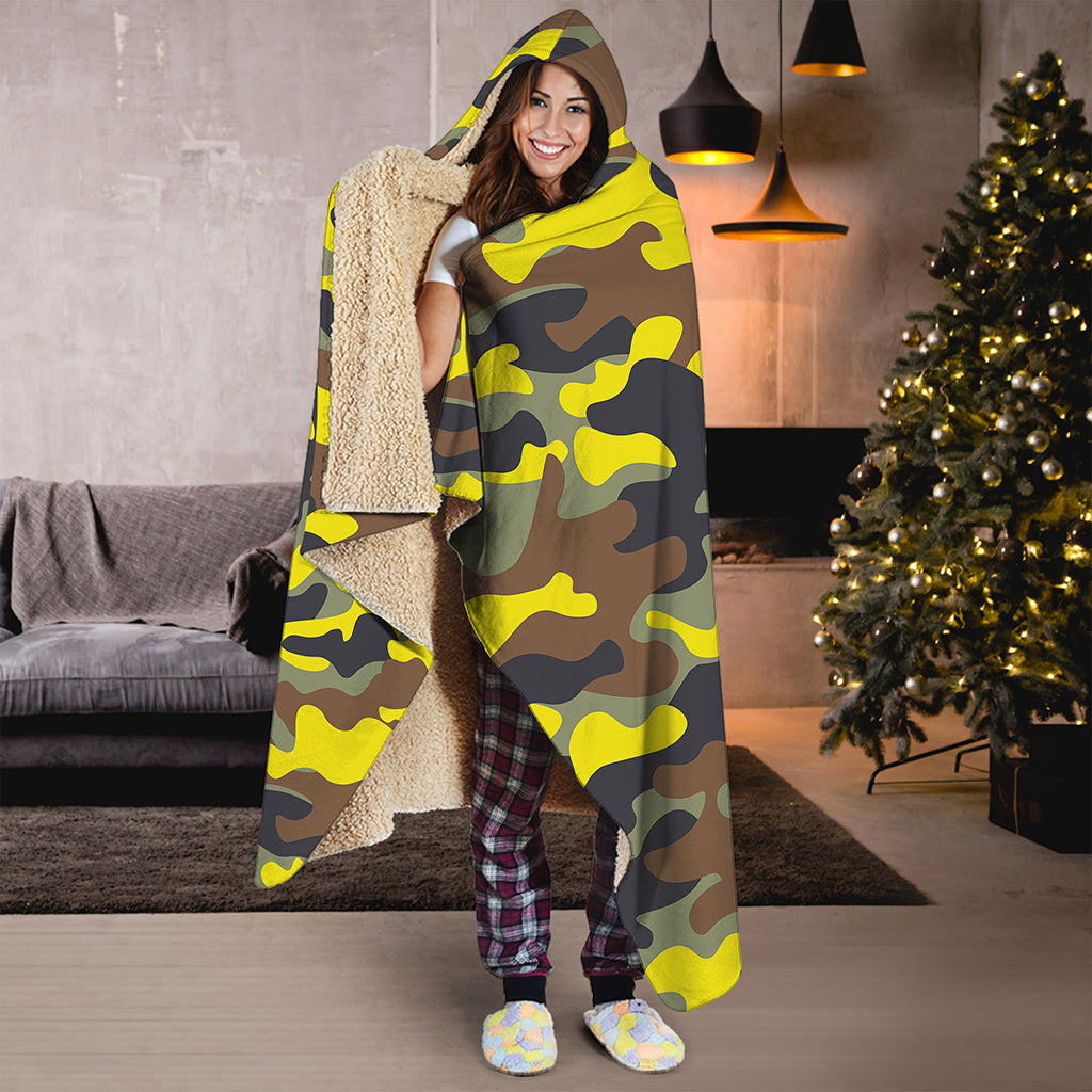 Yellow Brown And Black Camouflage Print Hooded Blanket