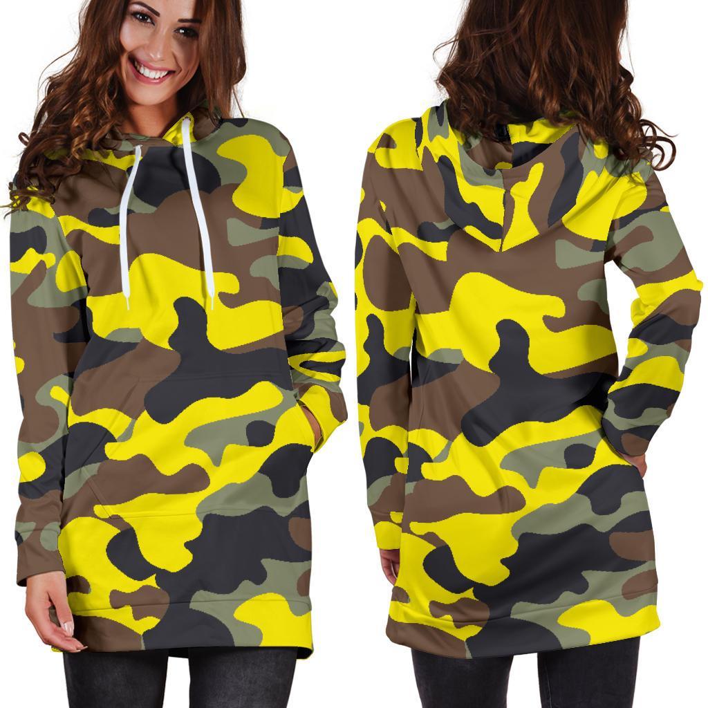 Yellow Brown And Black Camouflage Print Hoodie Dress GearFrost