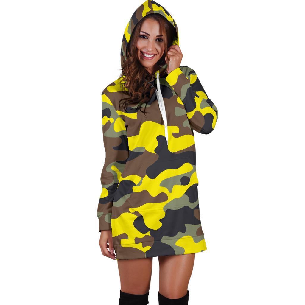Yellow Brown And Black Camouflage Print Hoodie Dress GearFrost