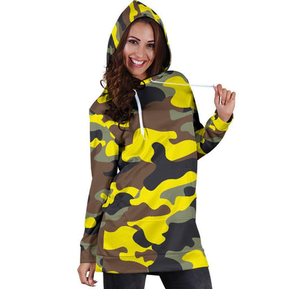 Yellow Brown And Black Camouflage Print Hoodie Dress GearFrost