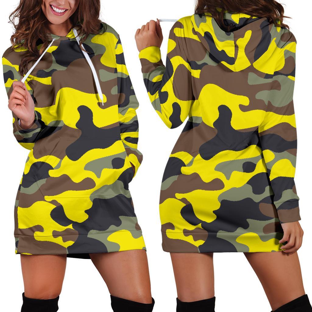 Yellow Brown And Black Camouflage Print Hoodie Dress GearFrost