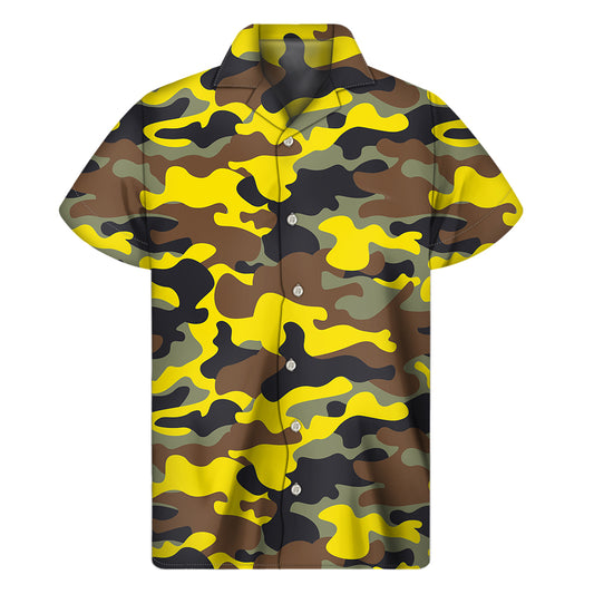 Yellow Brown And Black Camouflage Print Men's Short Sleeve Shirt