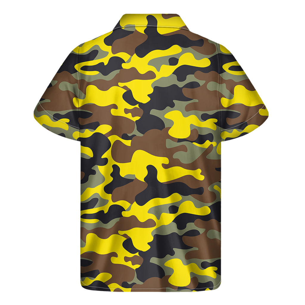 Yellow Brown And Black Camouflage Print Men's Short Sleeve Shirt